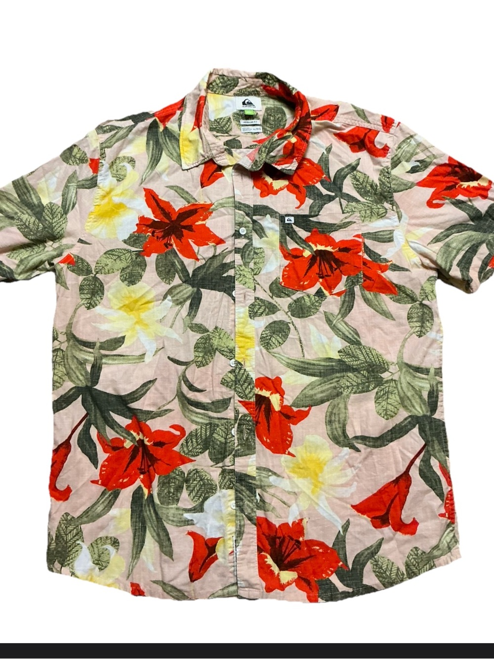 Quiksilver Tropical Floral Button Up Shirt Men’s L Hawaiian Aloha Short Sleeve